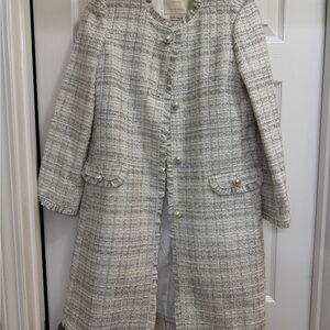 kate spade Cream and Light Gray Tweed Pearl-Button Trench Coat